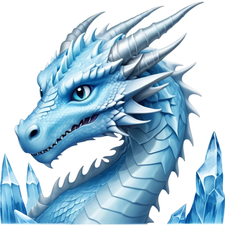 Cinematic Noble elegant Ice Dragon Portrait Emoji, Poised and imposing, distinct long elegant snout, with a slender, scaled body shimmering in glacial hues of icy blue, frostbitten silver, and crystalline white, breathing out frost, with piercing, glowing ice blue white eyes that radiate the chilling depths of an arctic storm; rendered in detail. excuding wisdom emoji