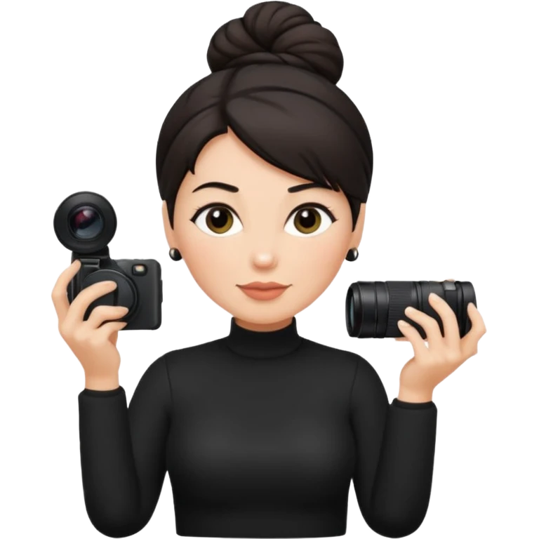 middle aged woman photographer with dark hair in a bun, wearing black clothes emoji
