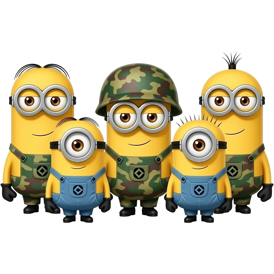 Goup of minions IN ARMY FATIGES  text  ALL HAIL GIGGLE CHICKS emoji