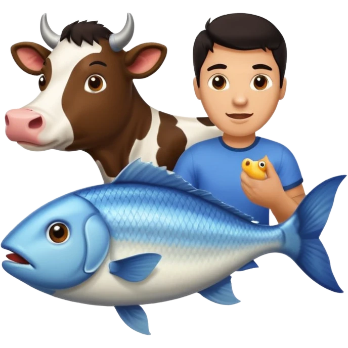 Guy with dark hair holding a fish getting chased by a cow emoji