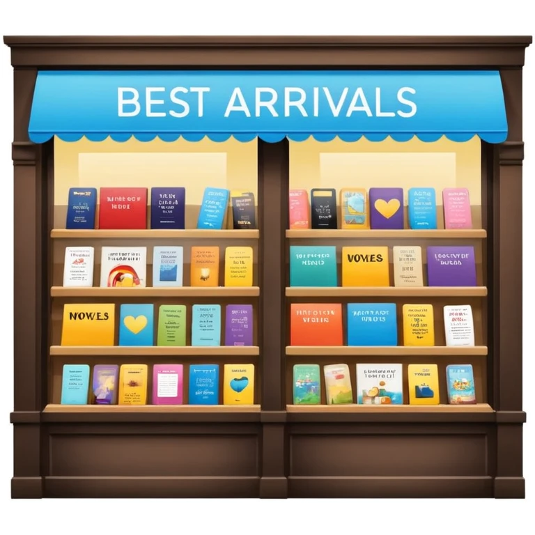 Bookstore window display. A sign displays “New Arrivals This Week”. Below, a shelf tag with the text “Best-Selling Novels Here”.  emoji