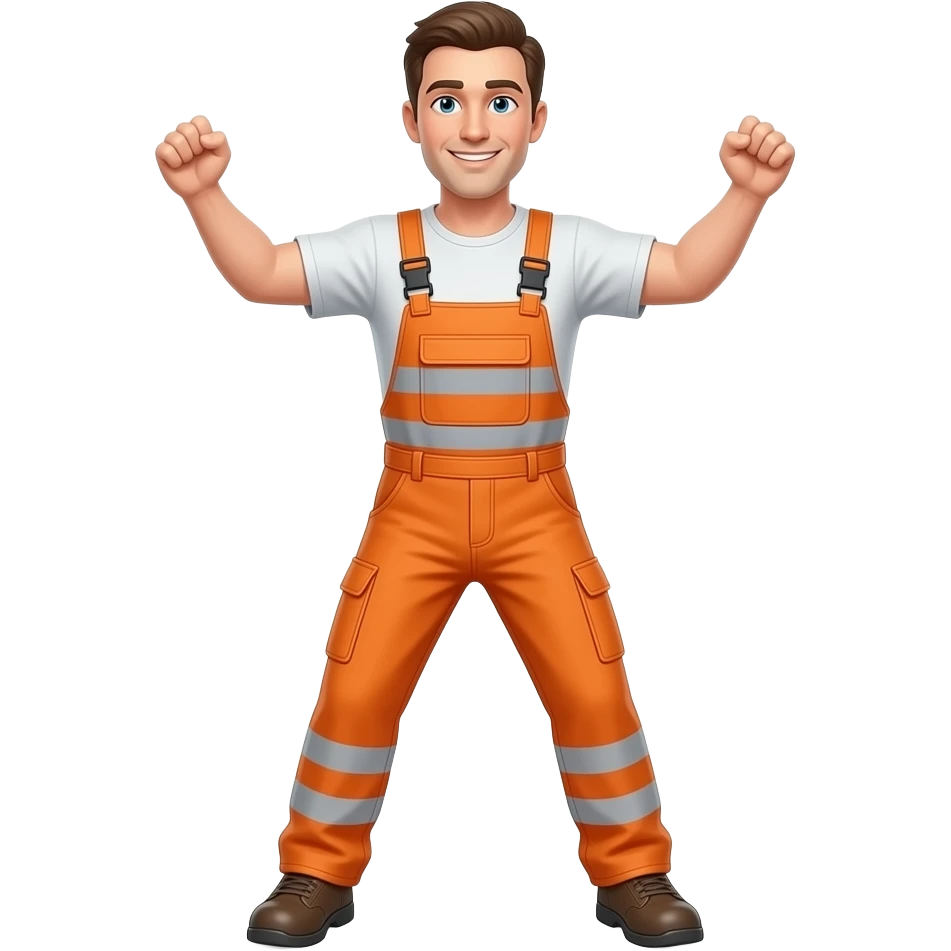 man in full hi-vis orange overalls with arms, trips emoji