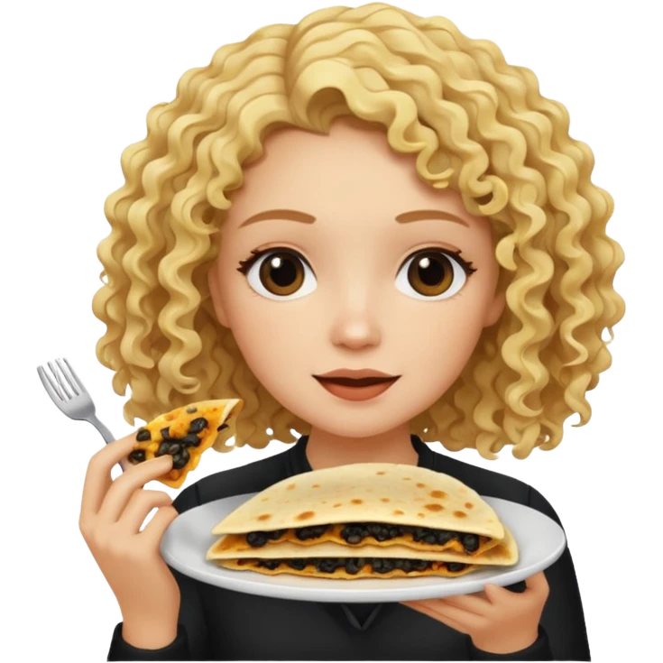 mujer con pelo rubio rizado comiendo quesadillas quemadas negras  emoji