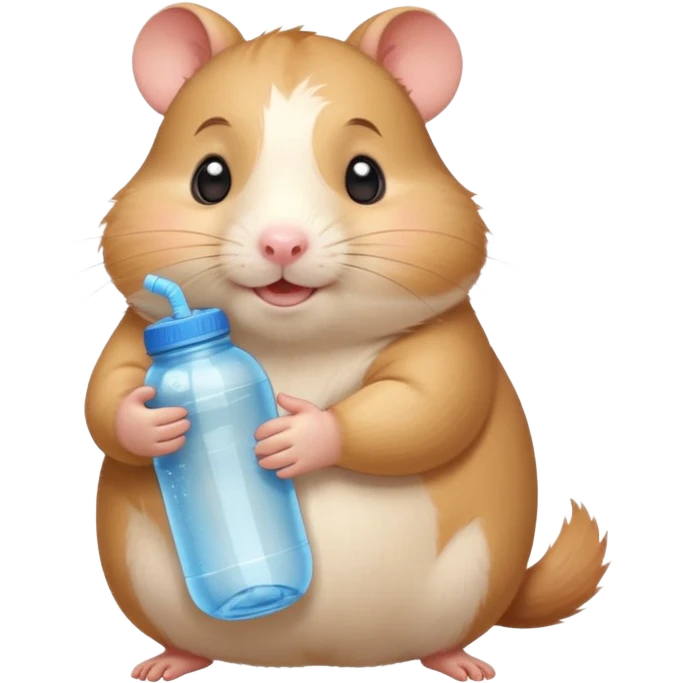 Cute chubby cartoon-style hamster hugging an oversized water bottle, sipping with tiny straw, happy expression. Painterly shading, expressive eyes, white background, sticker-style illustration emoji