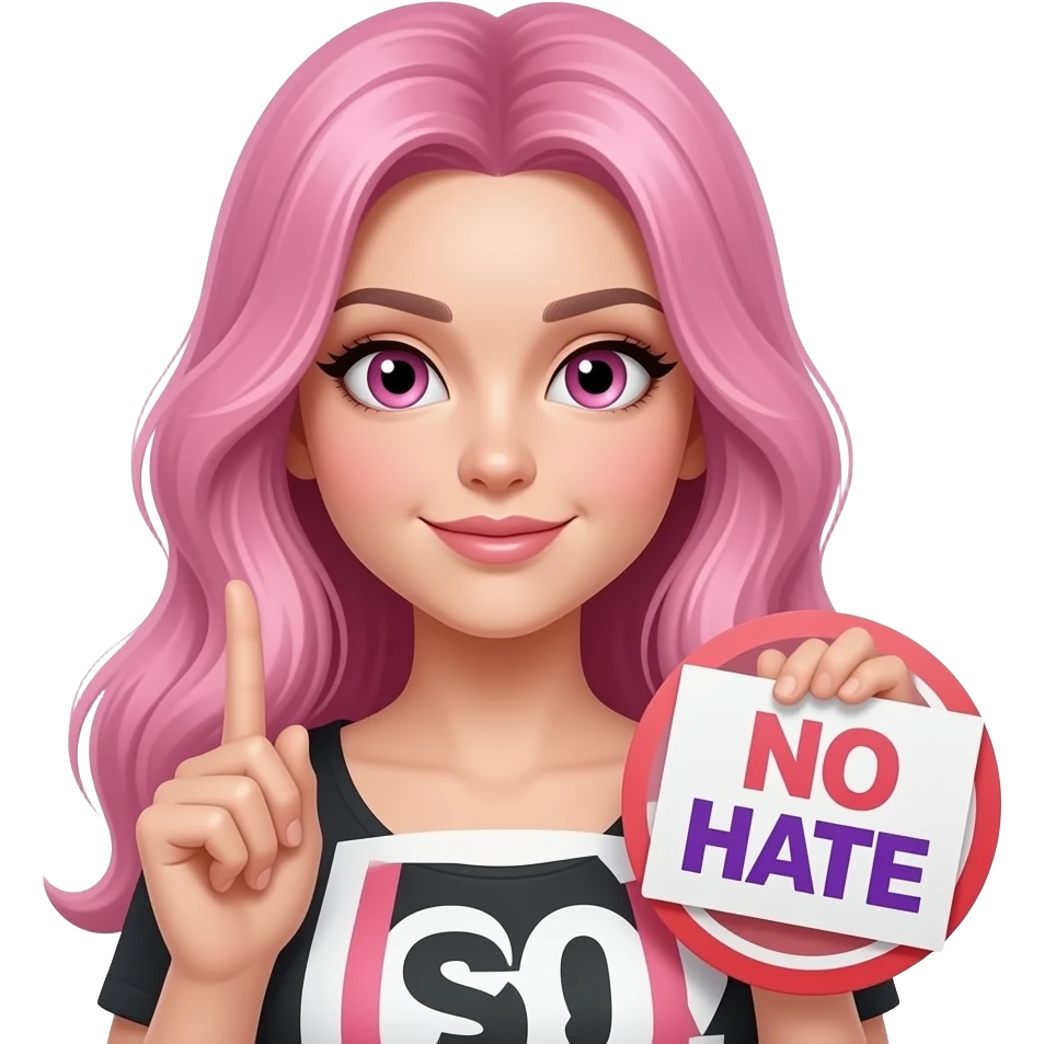 sexy girl with long pink hair and pink eyes holding a NO HATE sign emoji