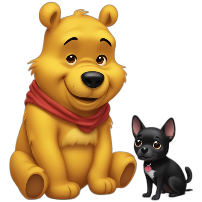 Winnie the Pooh with a black small dog who has a White spot on the stomach emoji