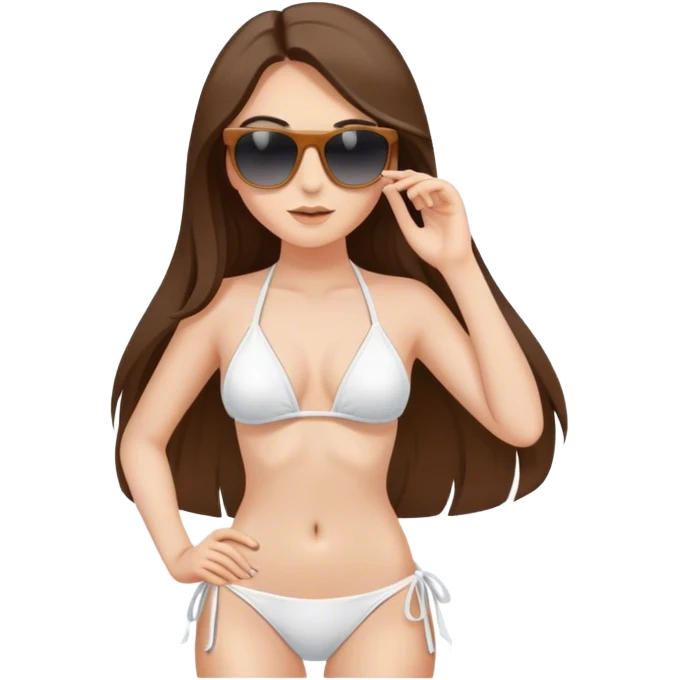 beautiful pale brunette girl with long hair posing with hand on waist on white bikini with sunglasses  emoji