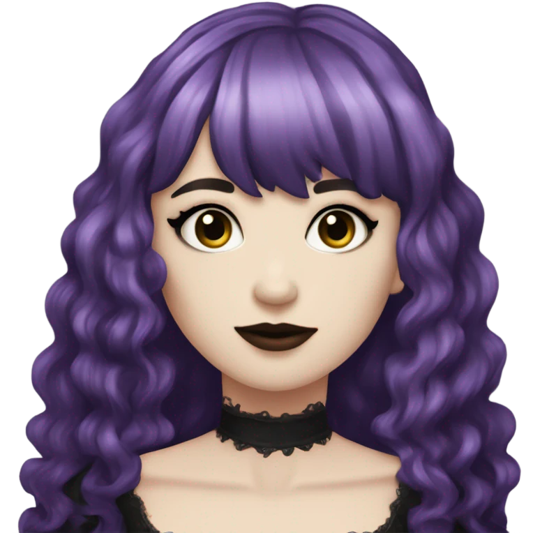 one single alt women, purple hair, wavy hair, medium hair, short bangs, dark makeup, gothic detailed dress, white skin  emoji