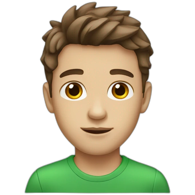 a boy with brown hair that is nice and wild, light skin color and green eyes emoji