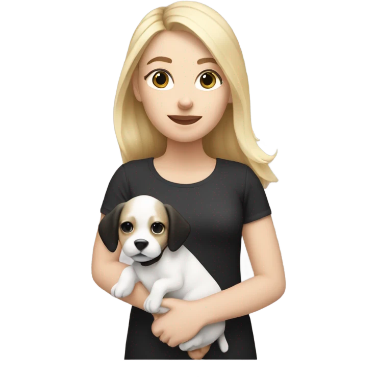 white girl with blonde hair holding black and white puppy emoji