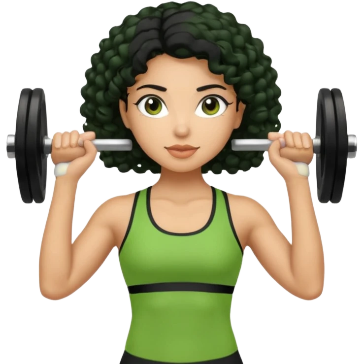 woman with olive skin and curly black hair wearing a green workout outfit (shorts) and lifting weights emoji
