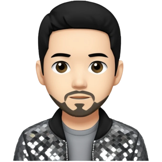 Mike Shinoda with jet black hair, gray sequin outfit emoji