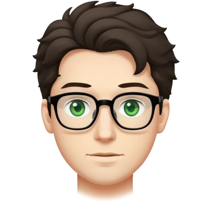 young man with pale skin, larger face, dark tall voluminous slightly wavy hair styled up high on head but not curly, wearing glasses with green eyes and very light stubble, with a slight smile emoji