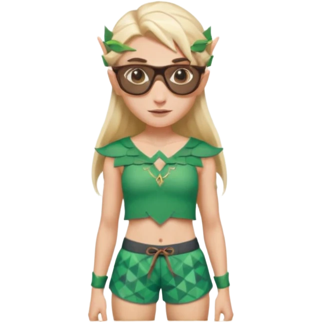 elf female legolas portrait, patterned board shorts (geometric/abstract), unique wooden-framed sunglasses, undercut hairstyle, slight smirk, visible pointy ears, no background, centered emoji, hipster summer vibe coctails emoji