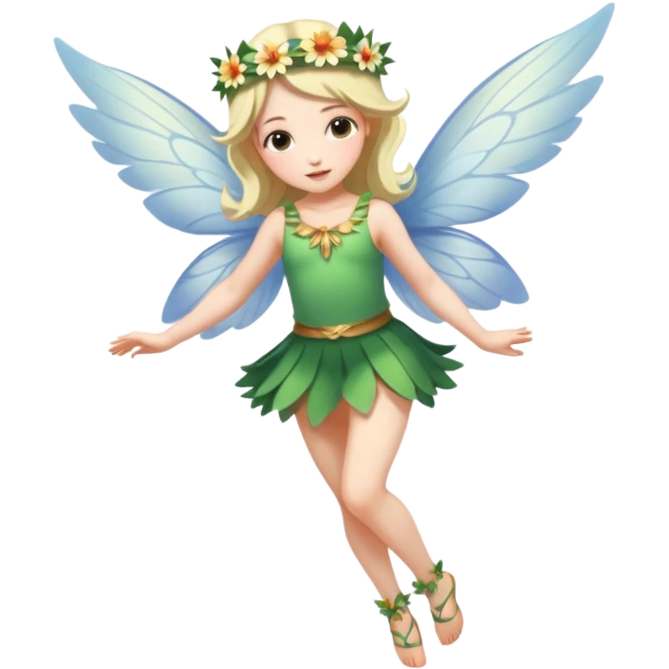 A winged flower fairy white skin girl, wearing a short skirt, one leg straight and the other bent, her body tilted, in a flying pose. emoji