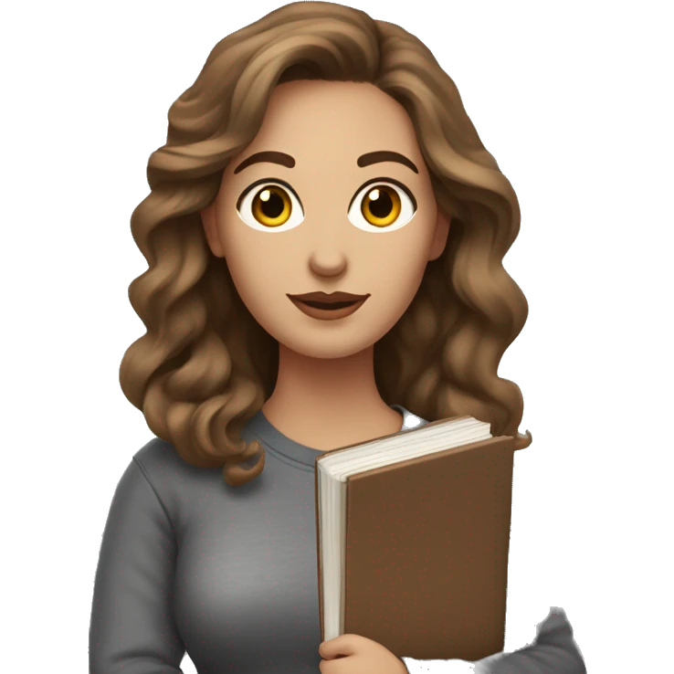 a white woman with makeup and long brown wavy hair. wearing a grey sweatshirt and black skirt and holding books emoji
