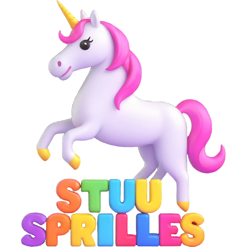 bold Discord emoji with text 'STU 🦄' in 3D block letters, surrounded by sparkles, cartoon unicorn, designed to stand out in chat emoji