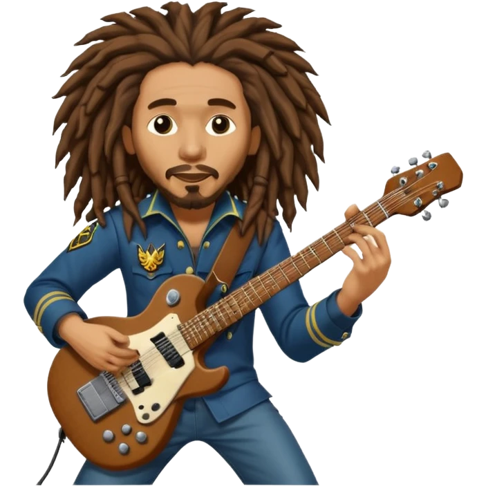 Bob Marley with gigantic dread locks play electric guitar in form heraldic crest emoji