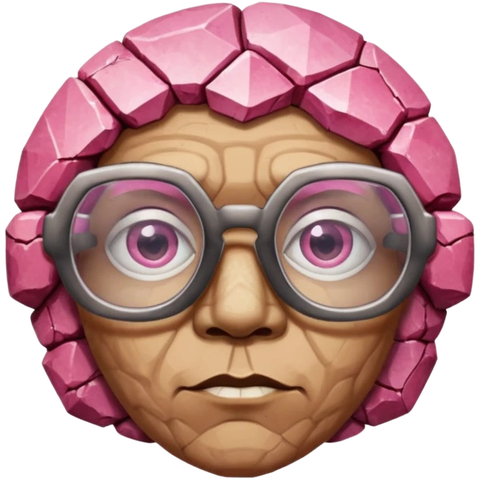 A single pinkfaceted rock head, chunky and worn, with very visible big cracks and chipped facets but still shiny, big glasses emoji