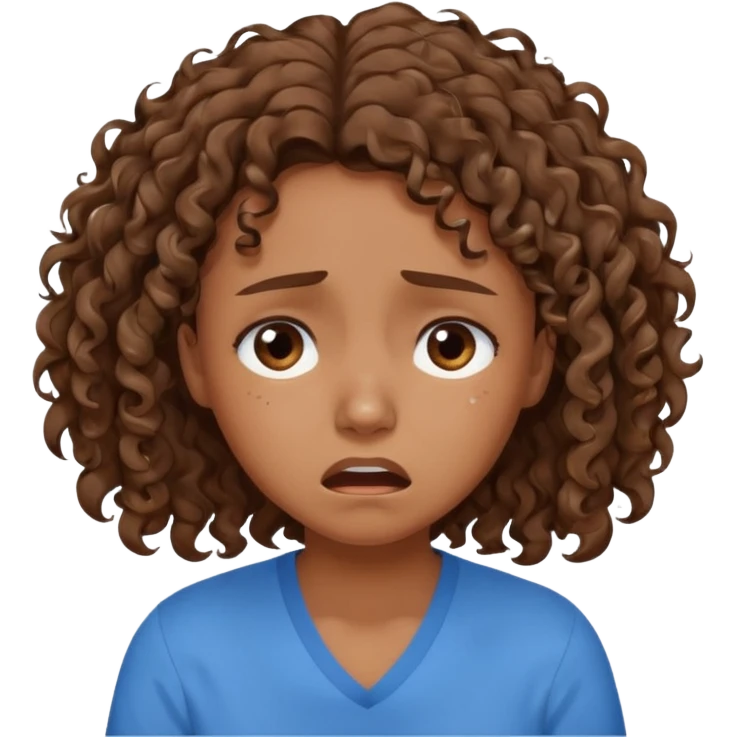 young curly hair girl, brown hair, with a blue shirt, in despair crying emoji