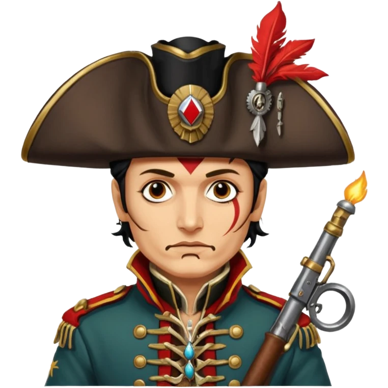 Adam Ant  painted with Indian war colors  is wearing a Hungarian Hussar'S JACKET, holds two firelocks-steam punk in his hands emoji