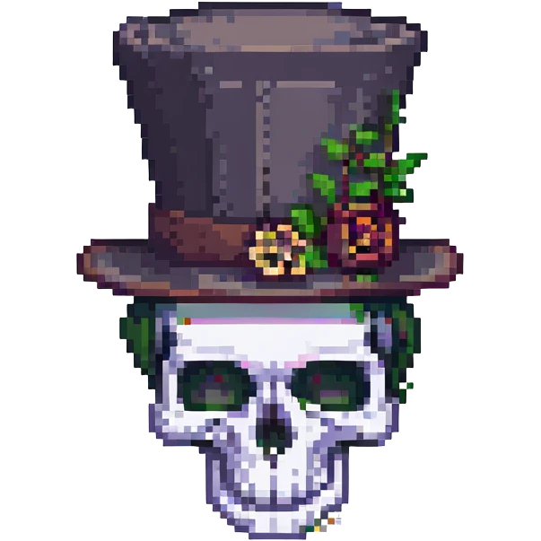 skull with a top hat, pixel art style emoji