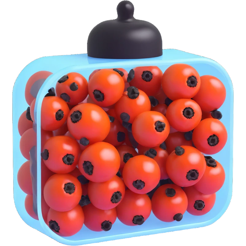 3D emoji style, transparent pepper case filled only with black peppercorns, no red or other colored peppercorns, only black, three-dimensional and realistic look, no background emoji