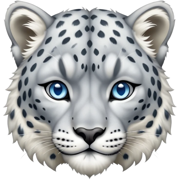 Cinematic-Noble-Snow-Leopard-Portrait-Emoji – Poised and majestic, with a muscular, agile build and a beautifully patterned coat of soft white and grey fur, marked with striking rosettes, deep-set, intelligent icy blue eyes, simplified yet sharp and sophisticated. emoji