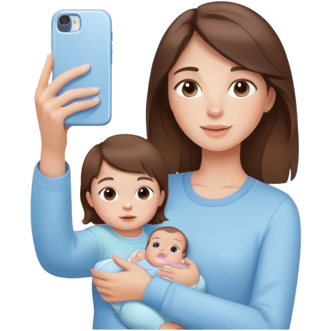 brunette girl with brown hair wearing pastel blue clothes holding a baby and taking a selfie emoji