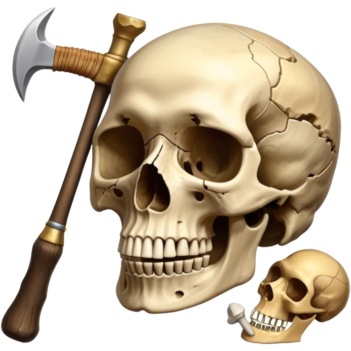 An icon featuring a human skull and fossilized bones, symbolizing the study of anthropology. The design includes archaeological tools like a pickaxe and brush, with a background of ancient artifacts and a globe. Transparent background emphasizes the exploration of human history and evolution. emoji
