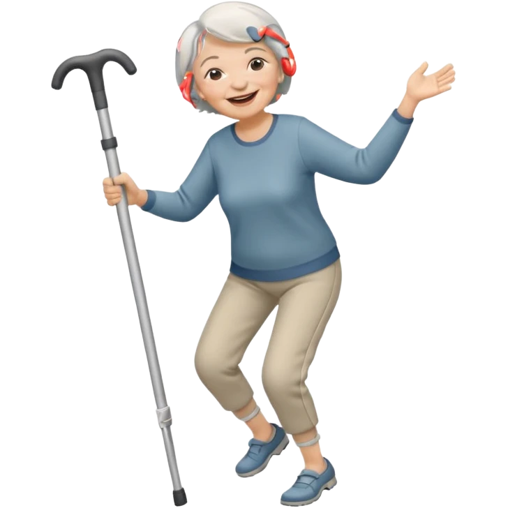 old woman with short hair, dressed with pants, laughing and dancing with crutches emoji