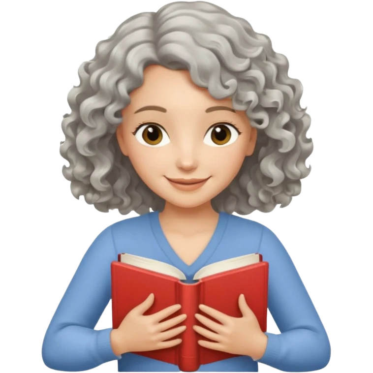 Silver hair, wavy/curly hair chin-length lady giving hug with 2 arms,  v-neck and smiling, add a favorite book emoji