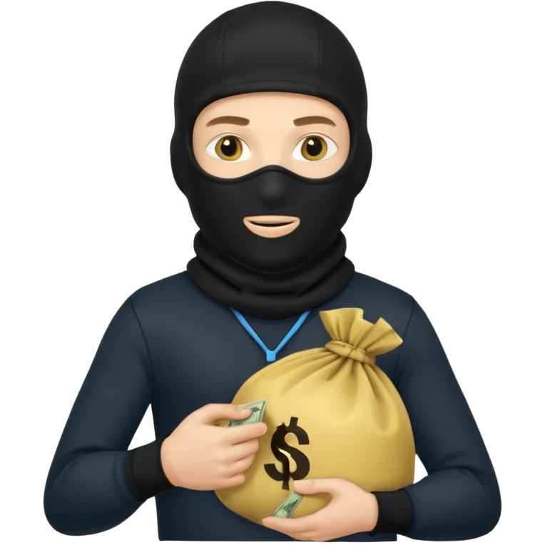создай белого украинца в черное одежде и черной балаклаве с большим мешком денег в расцветке флаг страны в руках emoji