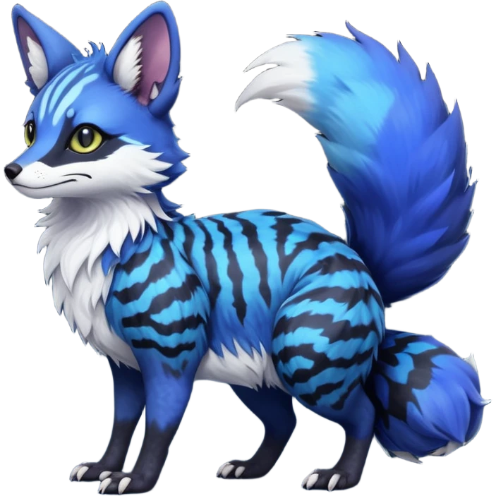 Feral hyper-realistic chubby floofy fluffy puffy furry Rare Fantasy vibrant dark shady shaded detailed deep-dark-cobalt-blue-gradients-colored colorful Vernid-Sergal-Genet-Trico-Fox-species by LiLaiRa, with dark-blackish points, white belly, random markings, tufted tail, tufted ears, full body emoji