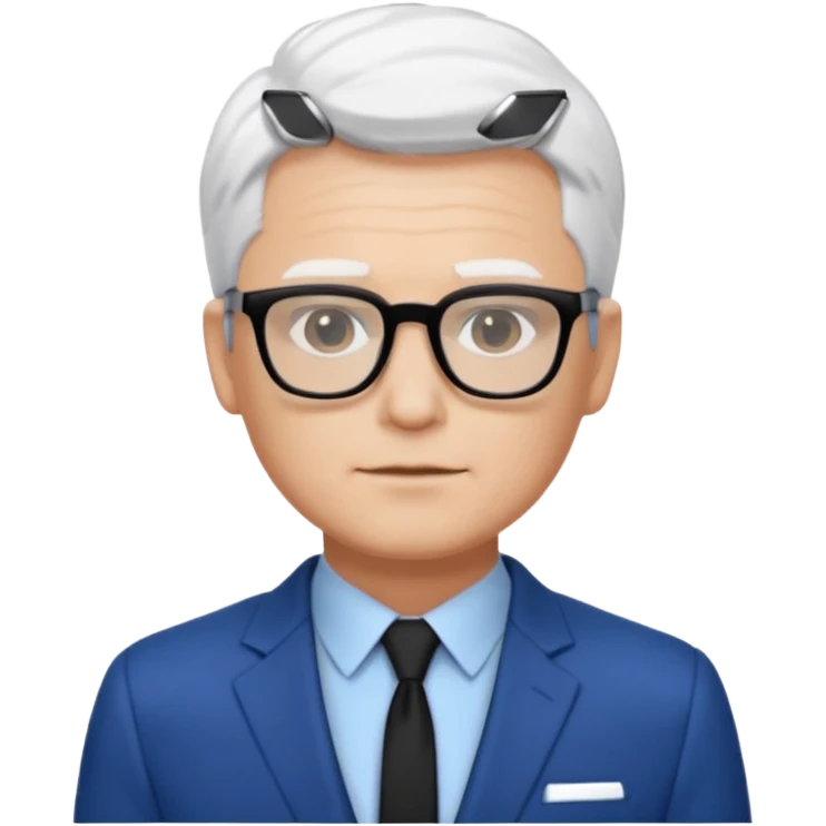 Man wearing black glasses, short white hair, blue suit emoji