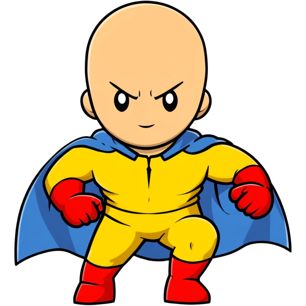 Saitama from One Punch Man, bald head, blank expression, yellow hero suit with white cape, red gloves emoji