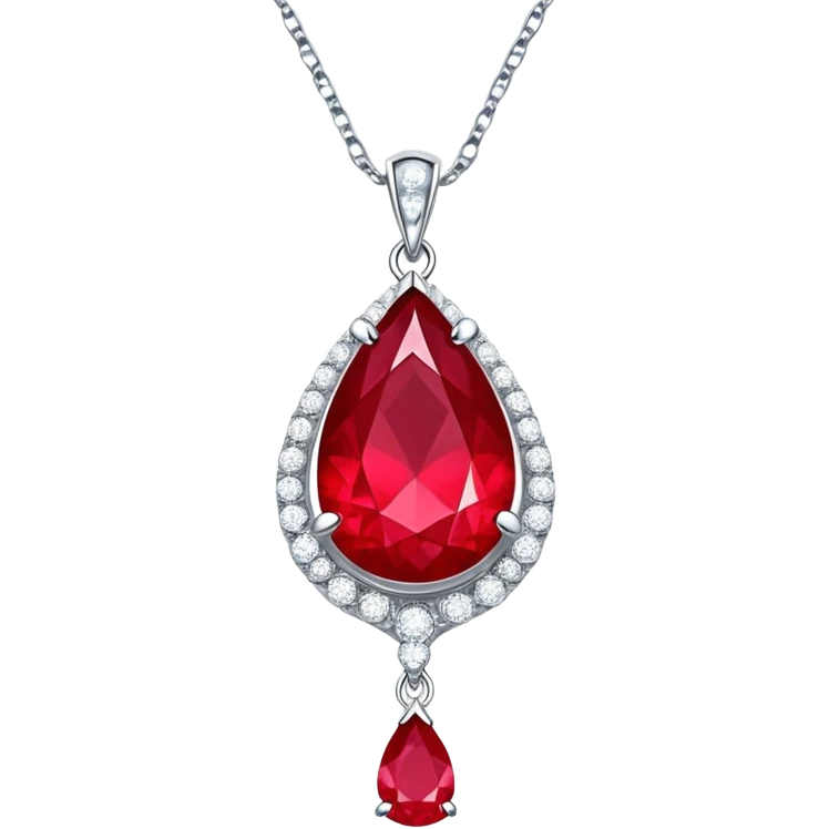 teardrop ruby pendant with silver chain, white stones, and glowing aura of passion emoji