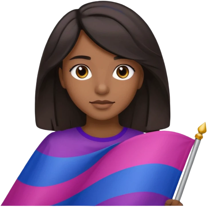 eu com a bandeira bissexual, sou parda, com cabelos negros que vão até a altura dos ombros levemente ondulados, olhos castanhos, emoji