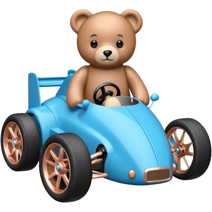 dar crystal blue and rosegold-accented rc racing car driven by a small cute teddy bear with rear spoiler, safety cage, and wheely bar emoji