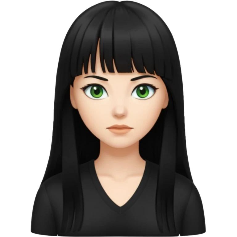 A white woman with Long straight hair with bangs, black hair, green eyes and a low-cut shirt emoji