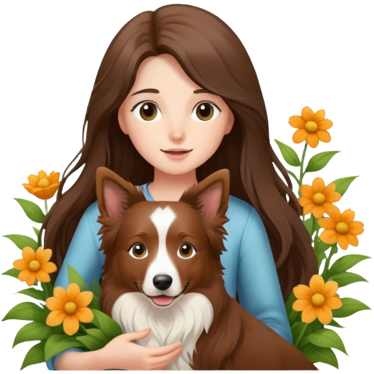 A long-haired girl is holding a brown Border Collie in the flowers emoji