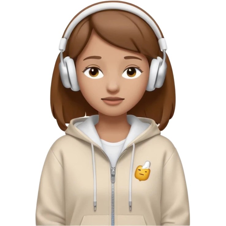 A clean, minimal emoji-style illustration of a light-skinned girl with brown hair worn loose. Her eyes are closed while listening to music with silver AirPods Max. She’s wearing a white zip-up hoodie. Smooth 3D emoji style, soft lighting, neutral tones. emoji