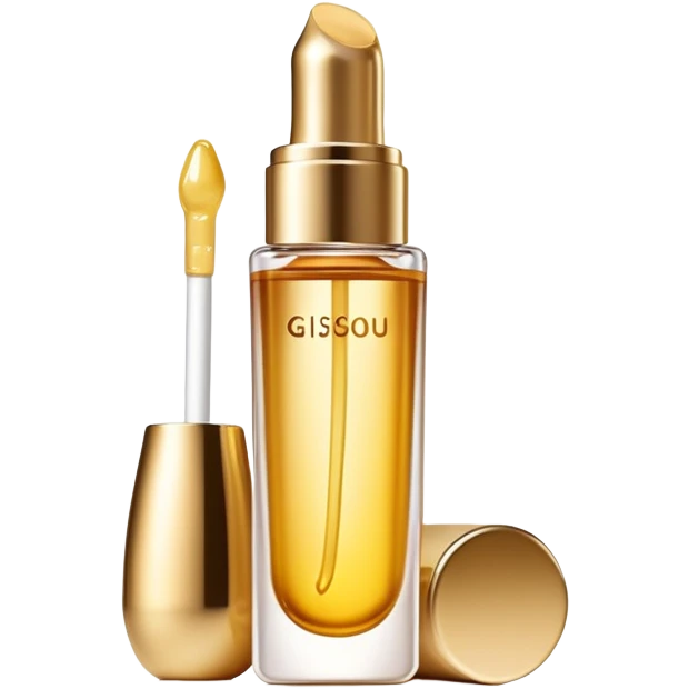 Gisou lip oil, small transparent bottle with gold cap, tinted lip gloss, honey-infused beauty product emoji