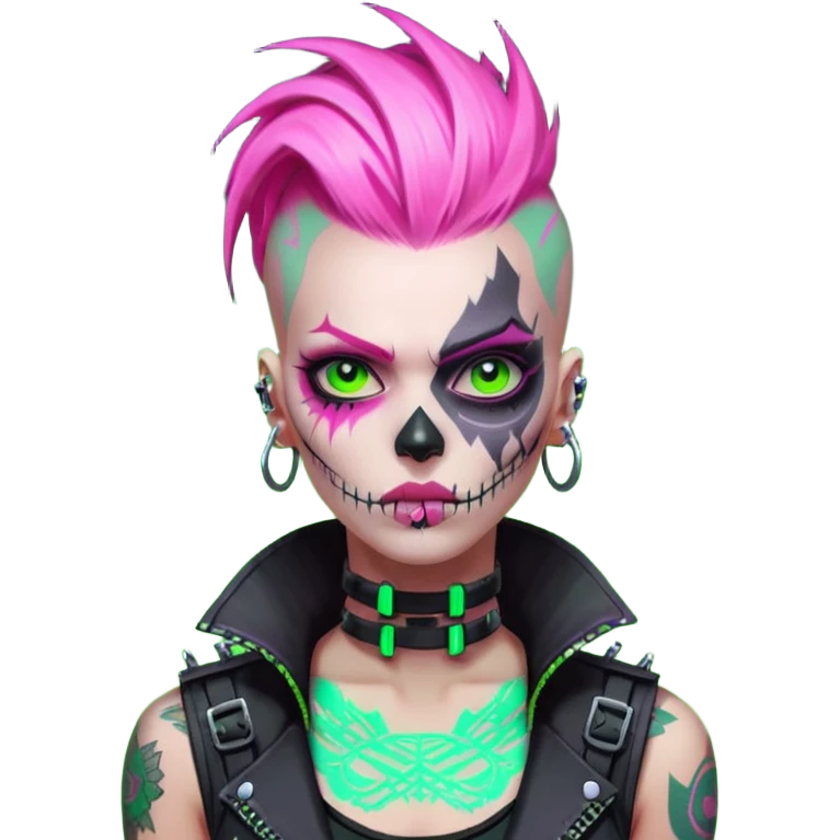 Cyberpunk female punk, pink mohawk, skull face tattoos, bionic neck, aggressive expression, neon green lighting emoji