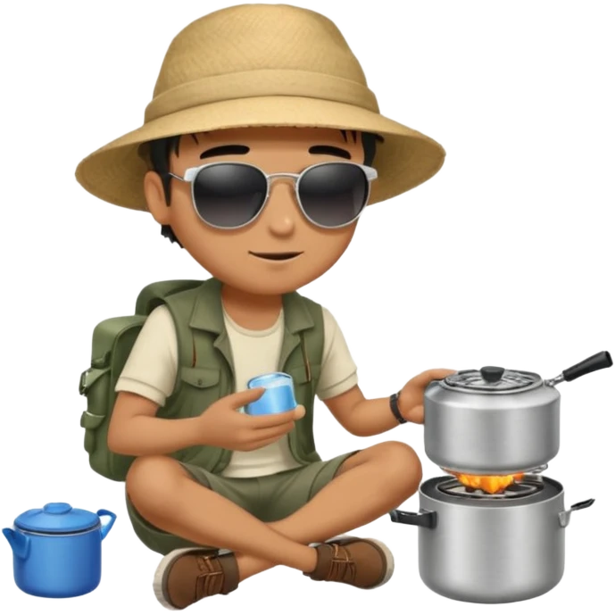 A man camper boiling water on a portable stove, enjoying the outdoor breeze sitting on the ground
 emoji