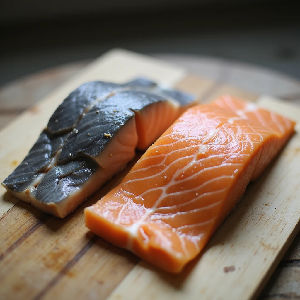 two salmon fillets side by side on a cutting board: one with gray flesh and one with orange flesh, natural light, hyperrealistic photographic style, 4K resolution emoji