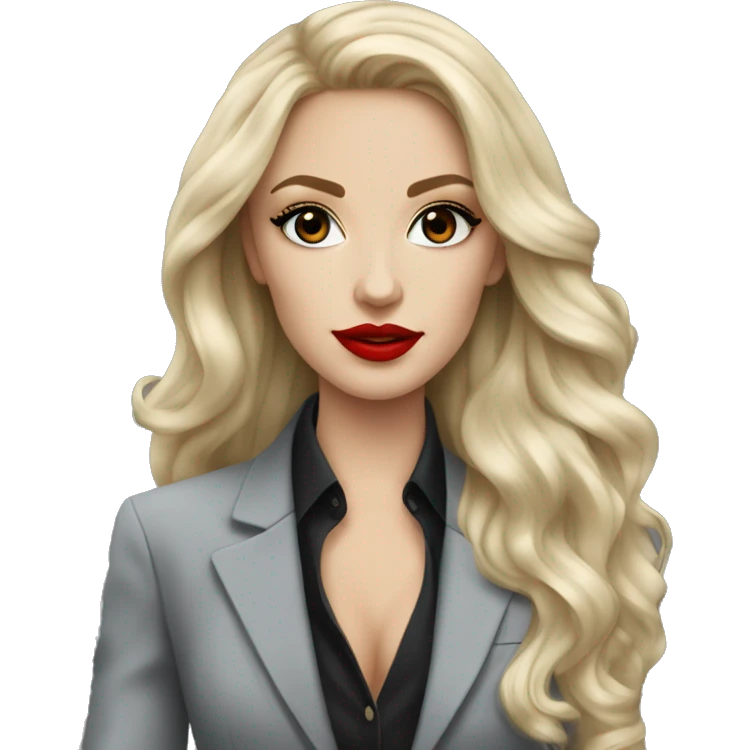 Russian Blonde long hair with red lips and black eyes Tiffany diamond seller in a grey suit emoji