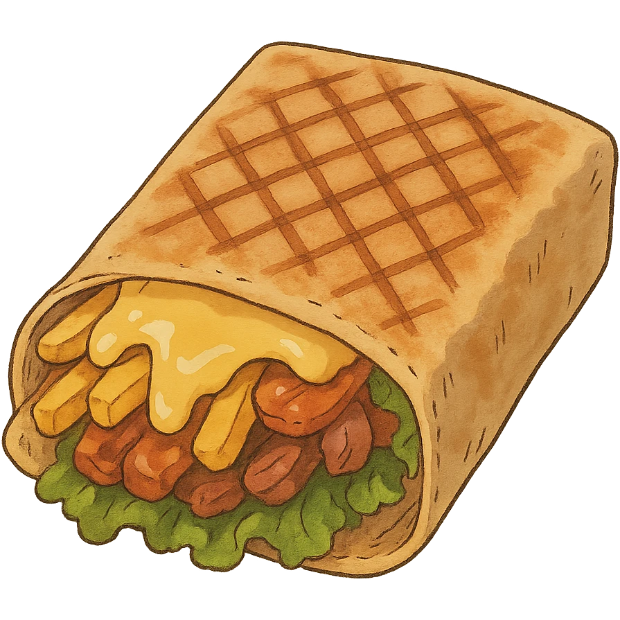ghibli style French tacos, grilled wrap with fillings, cheese, and fries emoji
