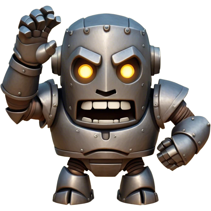 Cinematic Comical Mighty Iron Golem Portrait Emoji Head tilted dramatically with an exaggeratedly amused expression, featuring a bulky, armored form with a slightly lopsided stance, ancient runes flickering erratically, and one massive, jointed hand raised in a slow, deliberate wave. Wide, expressive glowing eyes give it an almost humorous, puzzled look, as if it’s contemplating something far beyond mortal understanding. Rendered with detailed metallic textures and deep, dynamic lighting, high shine, dramatic yet whimsical, styled with a hint of unexpected charm, soft glowing outline, capturing the essence of an endearing yet colossal guardian that looks ready to crack an impossibly slow, earth-shaking joke! emoji