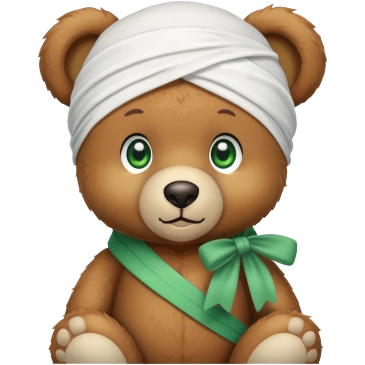 Cute brown teddy bear with innocent green eyes wearing a white wave durag perfectly tied, iOS emoji style emoji